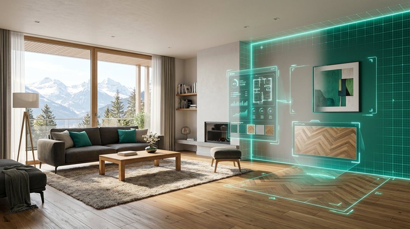 VisuOfferte KI-Raumvisualisierung: Wohnzimmer mit visualisiertem Bodenbelag und Kostenvoranschlag